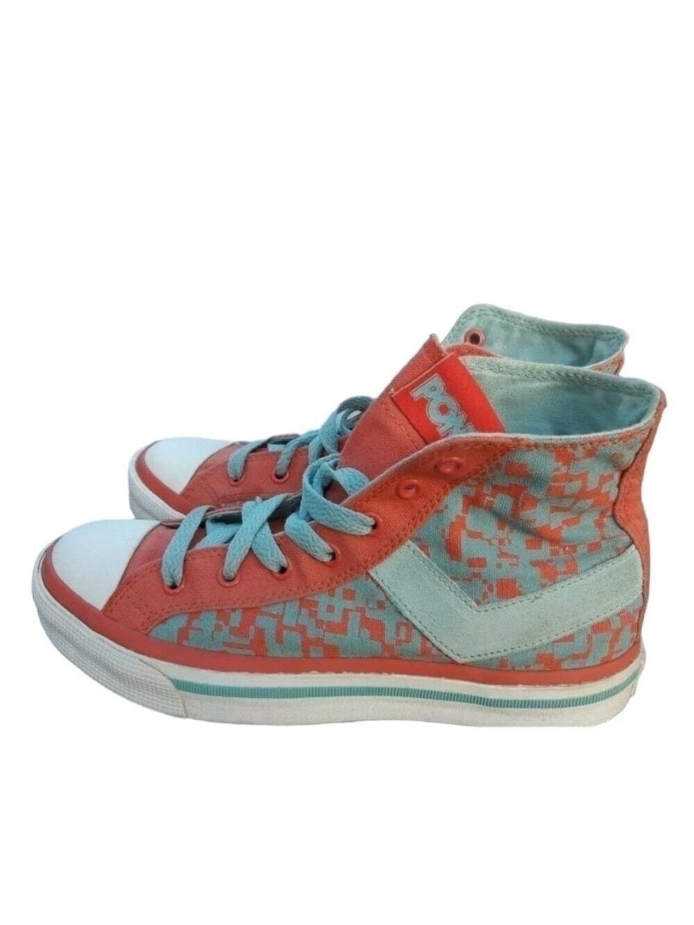 VTG PONY hi top sneakers canvas suede chevron Tetris green orange ladies 7.5
